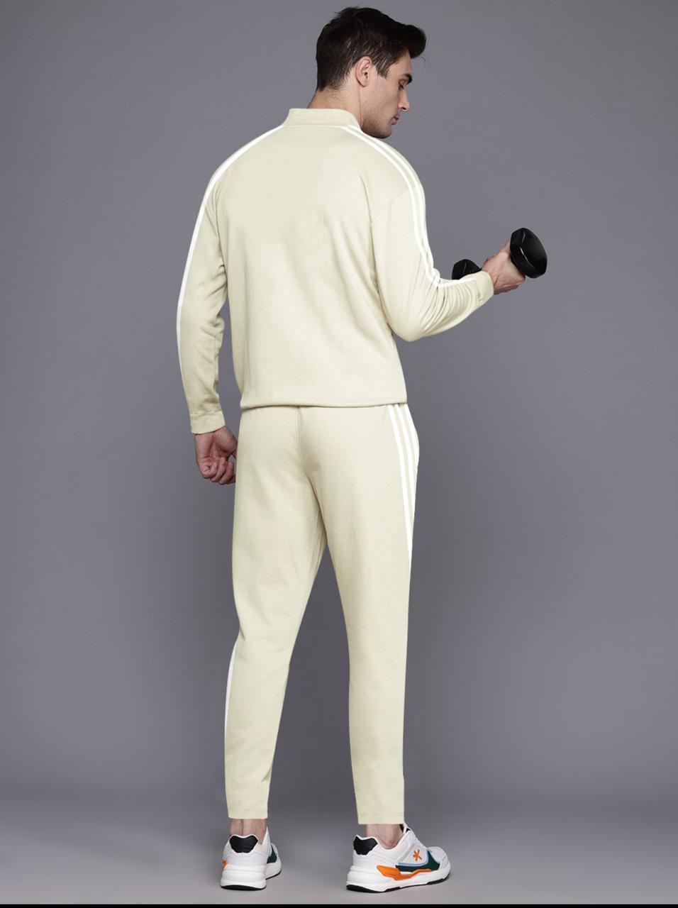 Adidas Men’s Full Zip Tracksuit Set – Beige with Signature Stripes